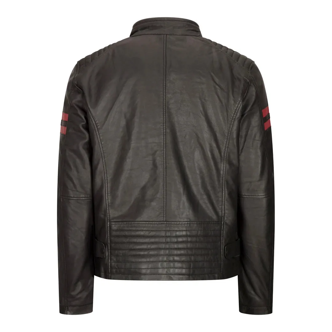 Men's Leather Biker Racing Jacket Red Stripes Zip Black Short