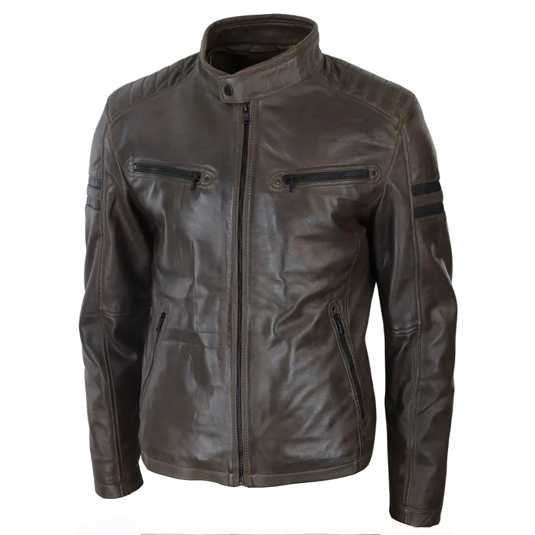 Men's Leather Biker Racing Jacket Red Stripes Zip Black Short