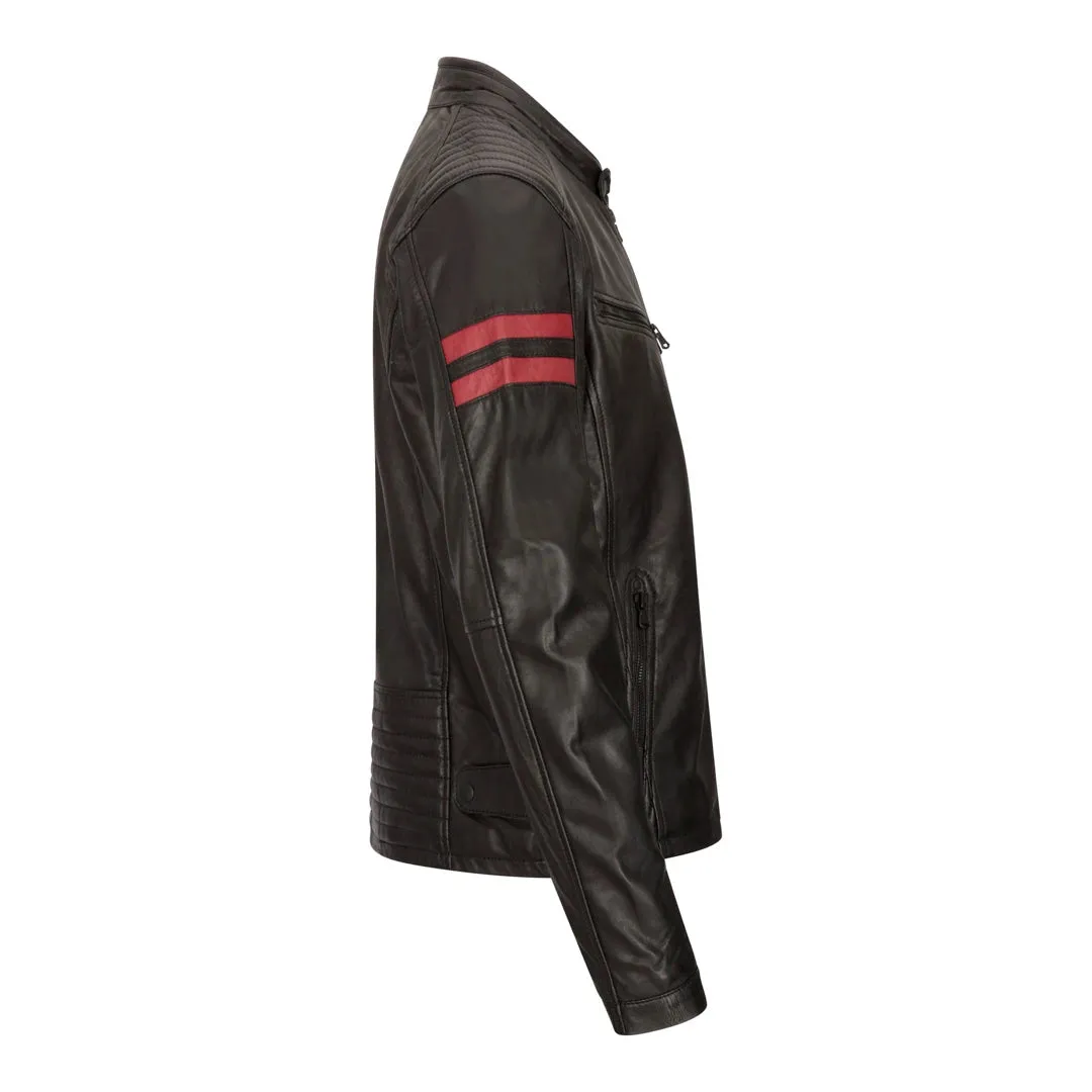 Men's Leather Biker Racing Jacket Red Stripes Zip Black Short