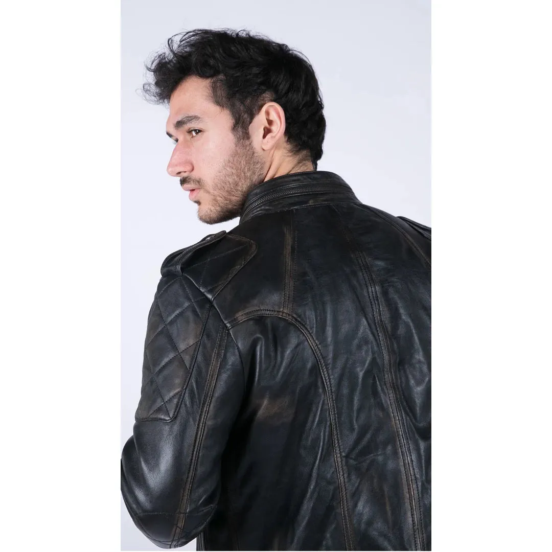 Men's Leather Black Brown Washed Racer Jacket Biker Zipped Slim