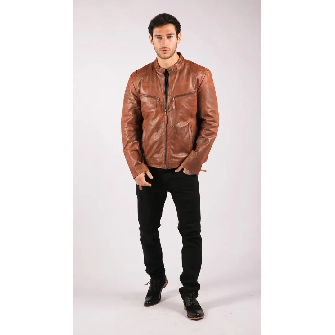 Men's Leather Jacket Biker Black Zipped Pockets Fitted