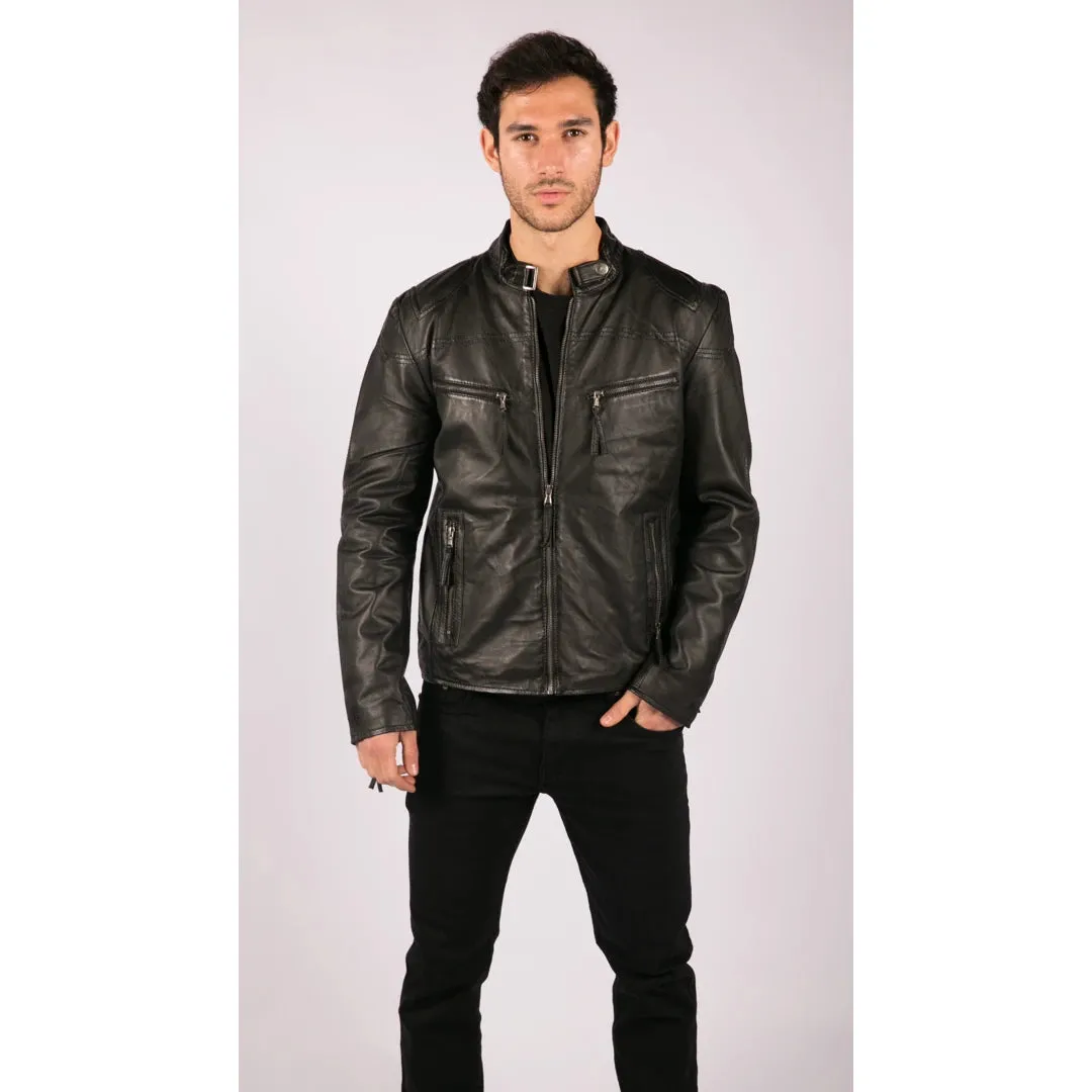 Men's Leather Jacket Biker Black Zipped Pockets Fitted