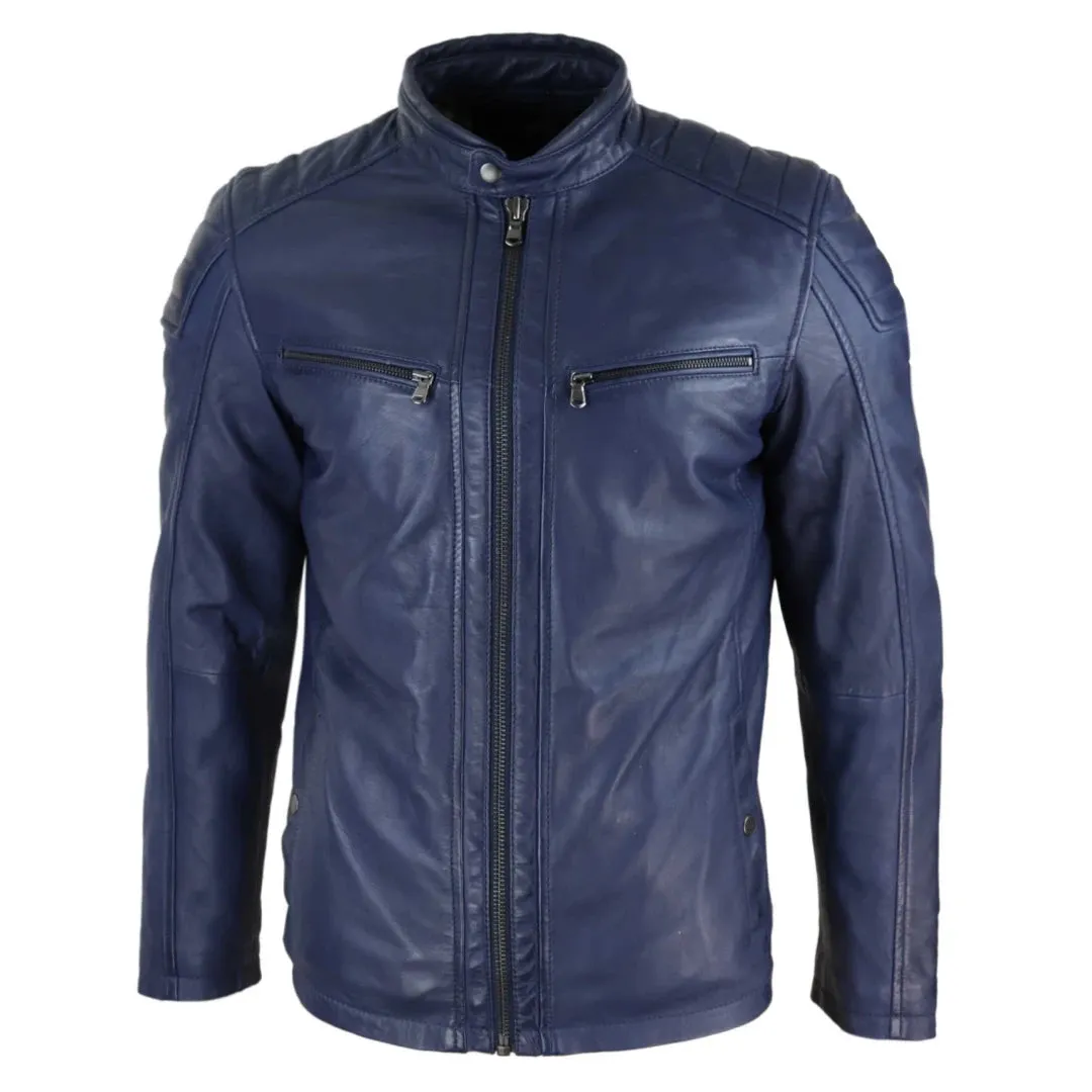 Men's Leather Jacket Biker Zipped Tailored Fit