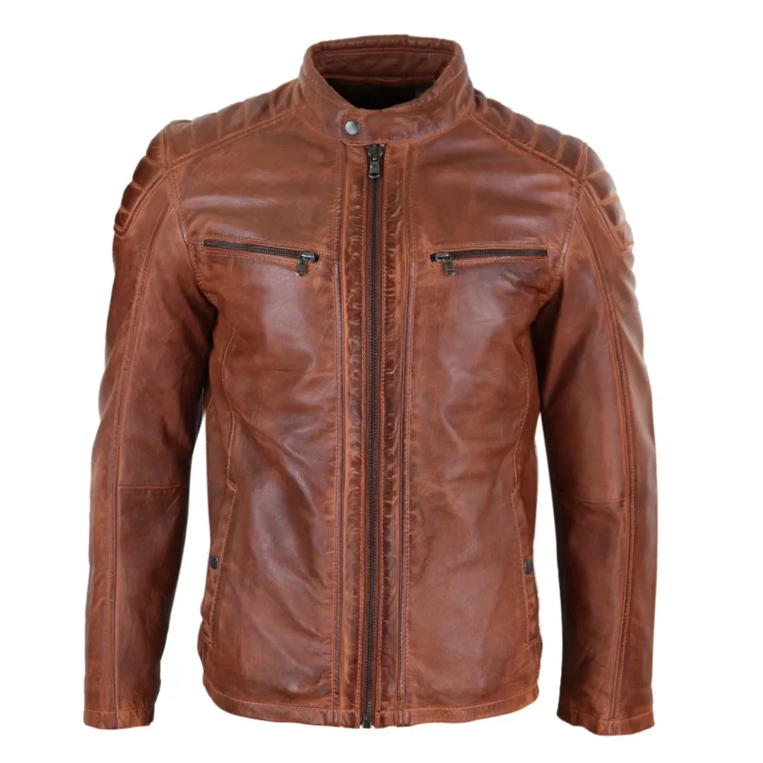 Men's Leather Jacket Biker Zipped Tailored Fit