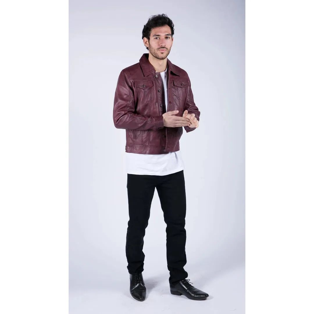 Men's Leather Shirt Jacket Burgundy Wine Jeans Brando Classic