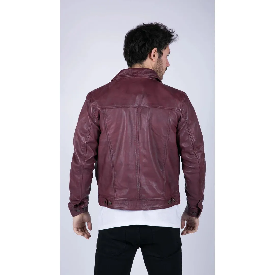 Men's Leather Shirt Jacket Burgundy Wine Jeans Brando Classic