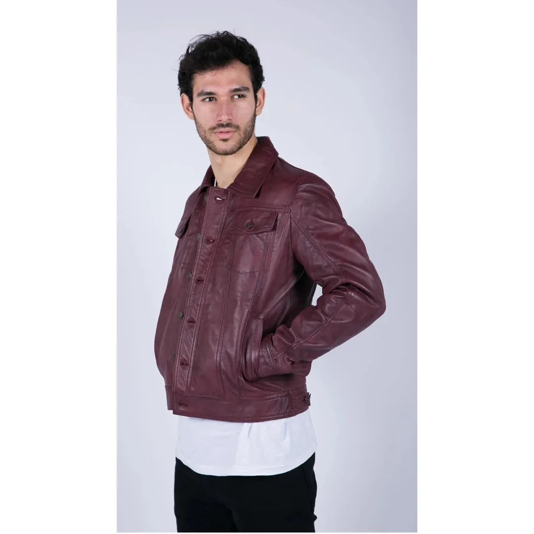 Men's Leather Shirt Jacket Burgundy Wine Jeans Brando Classic