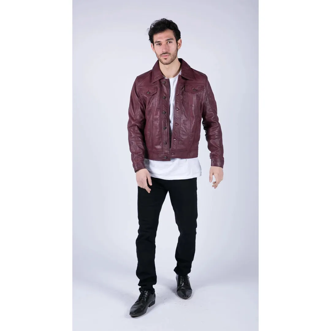 Men's Leather Shirt Jacket Burgundy Wine Jeans Brando Classic