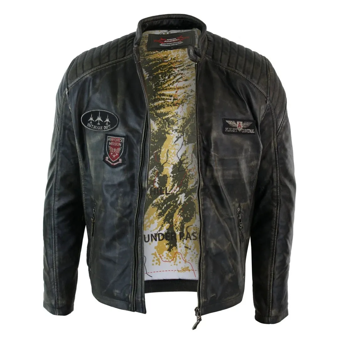 Men's Leather Washed Biker Airforce Jacket Distressed Fit