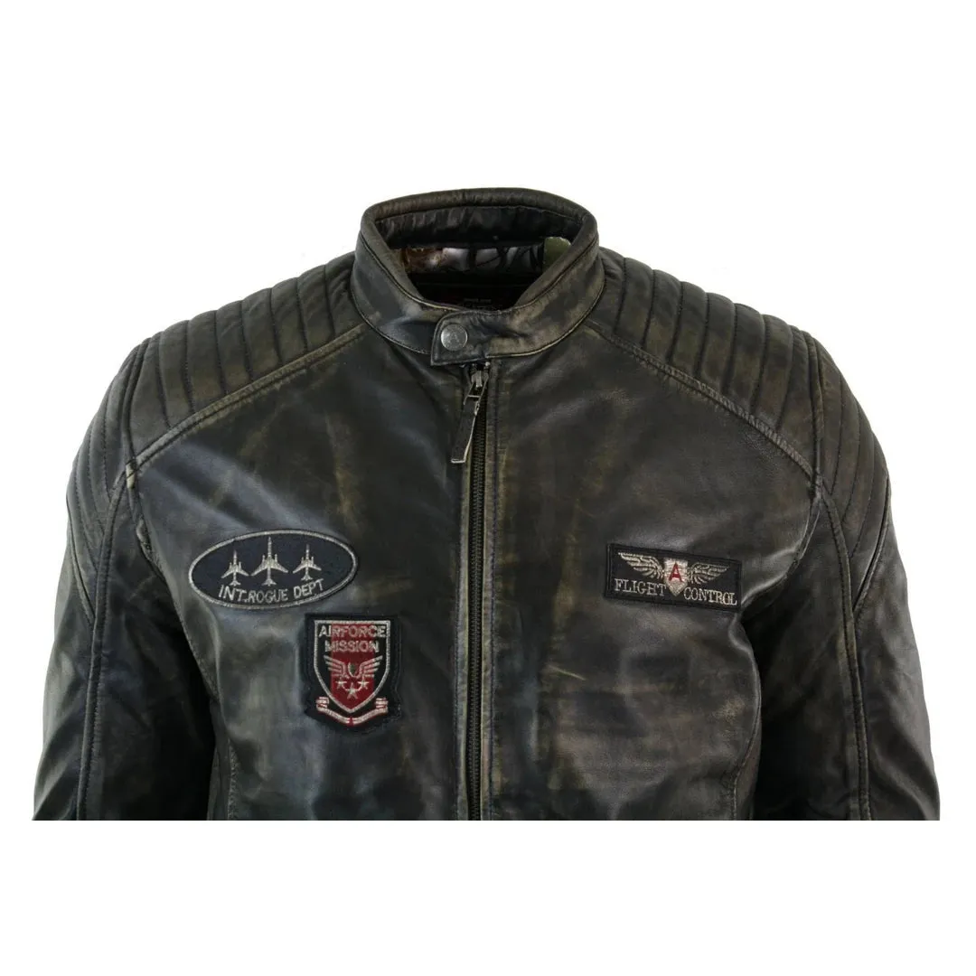 Men's Leather Washed Biker Airforce Jacket Distressed Fit