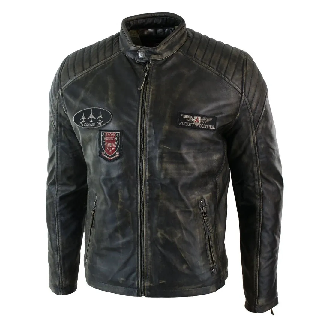 Men's Leather Washed Biker Airforce Jacket Distressed Fit