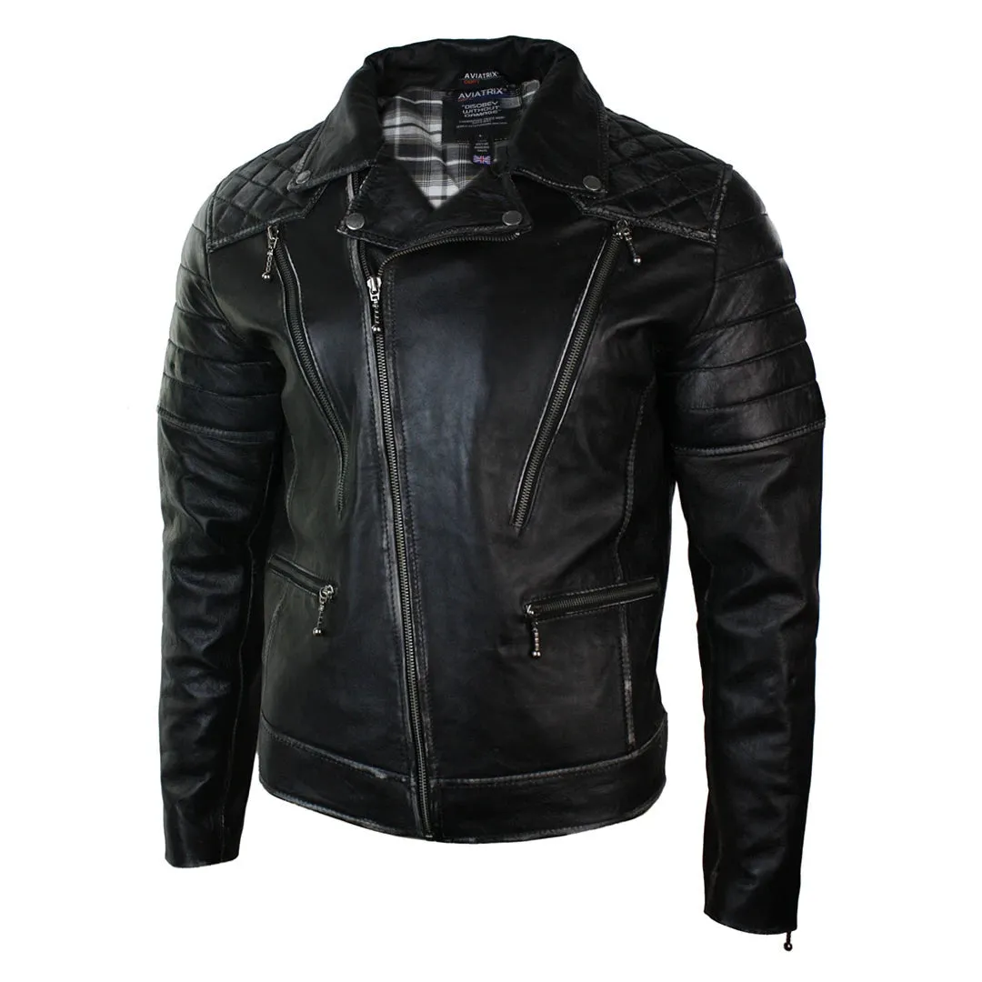 Men's Punk Rock Leather Cross Zip Biker Jacket Effect