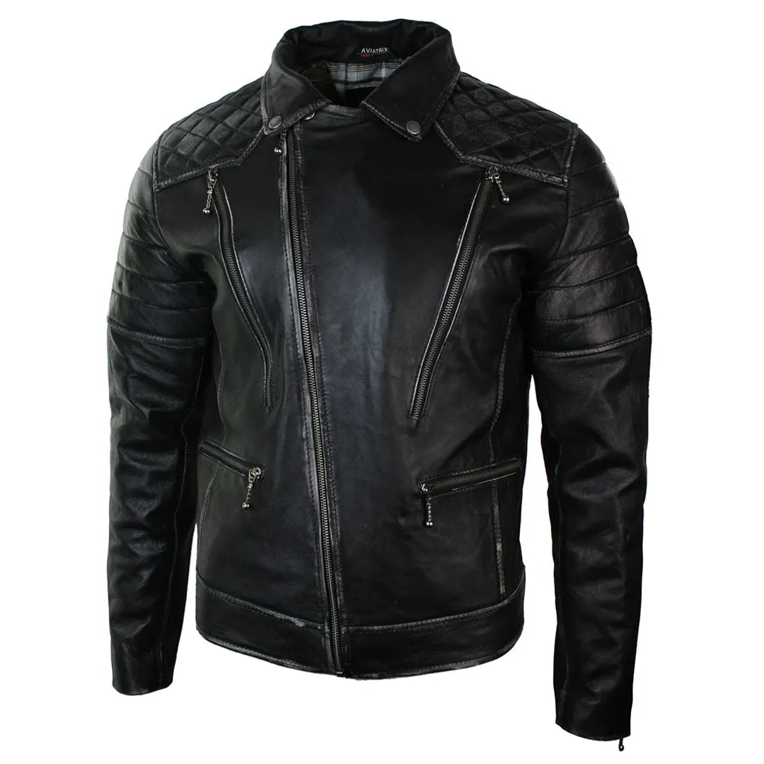 Men's Punk Rock Leather Cross Zip Biker Jacket Effect