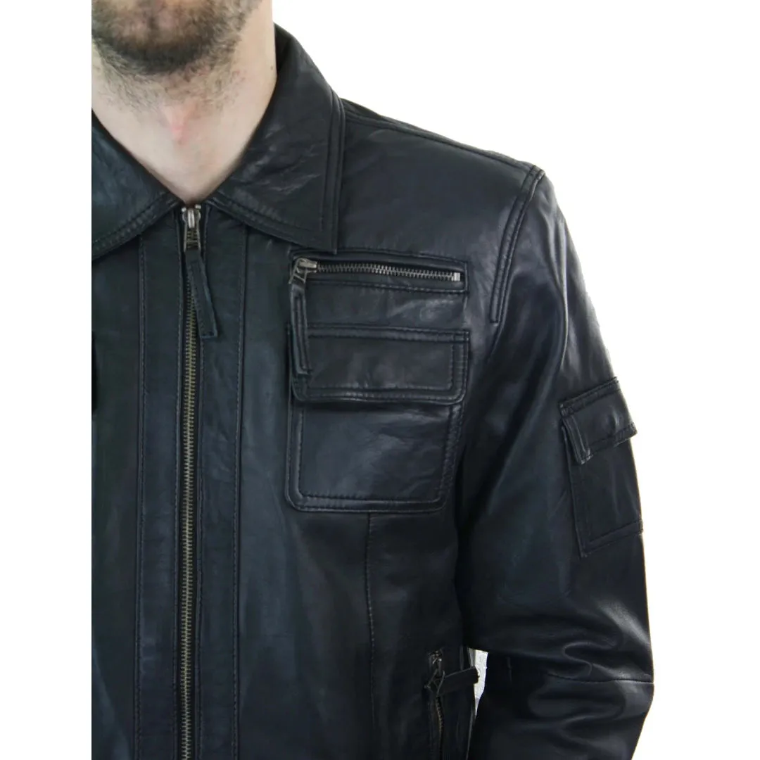 Men's Short Box Leather Jacket Black Zipped