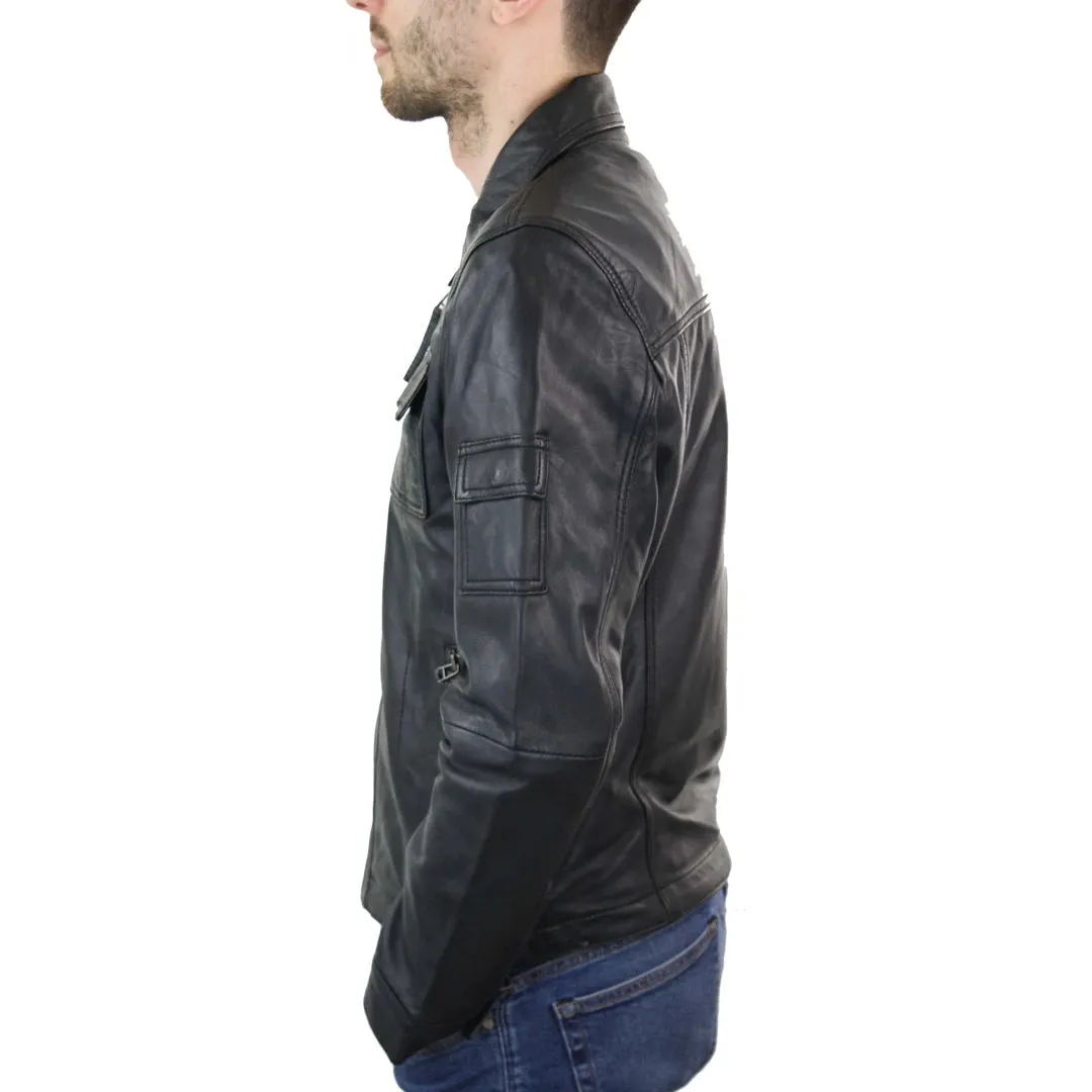 Men's Short Box Leather Jacket Black Zipped