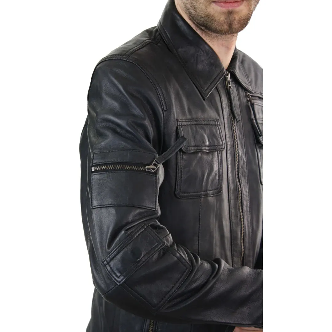Men's Short Box Leather Jacket Black Zipped