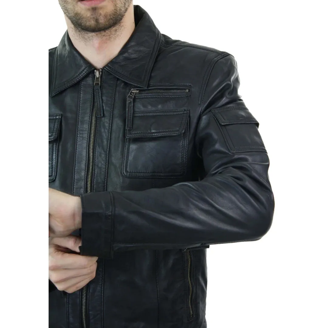 Men's Short Box Leather Jacket Black Zipped