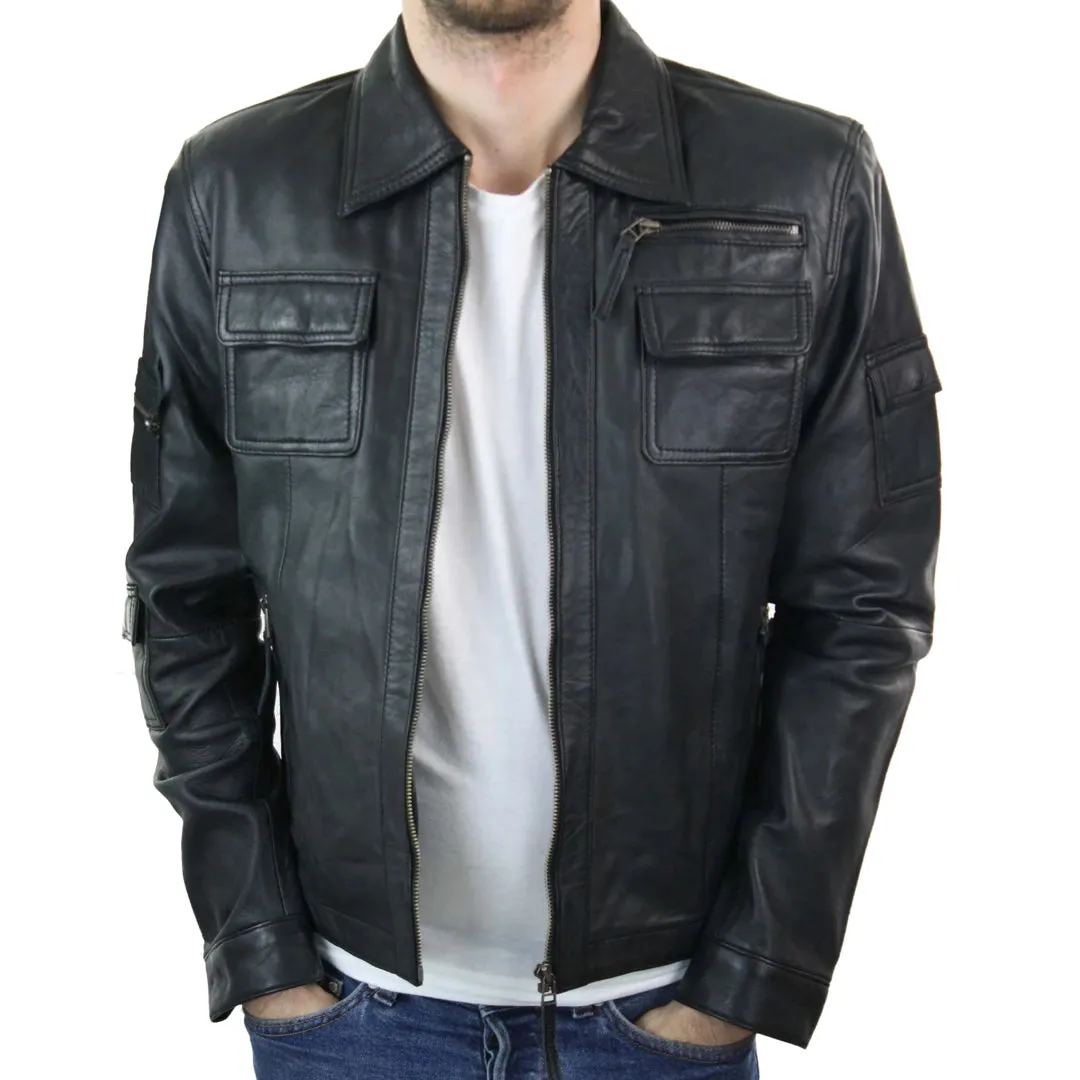 Men's Short Box Leather Jacket Black Zipped