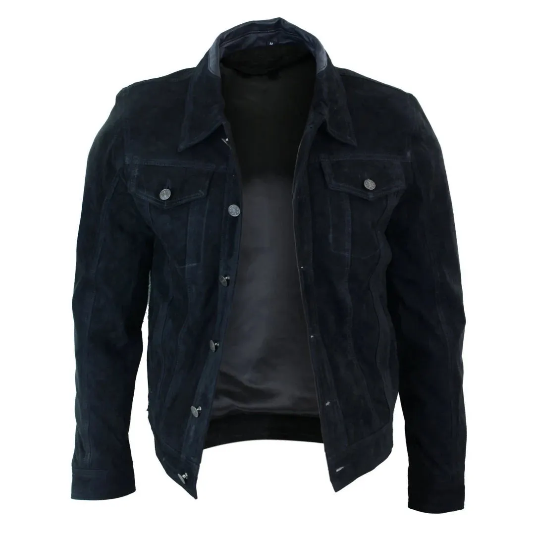 Men's Short Denim Suede Leather Jean Jacket