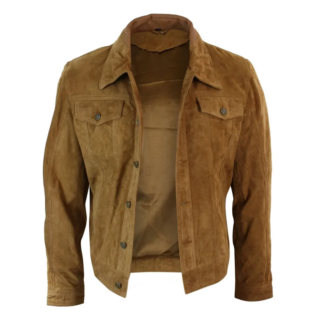 Men's Short Denim Suede Leather Jean Jacket