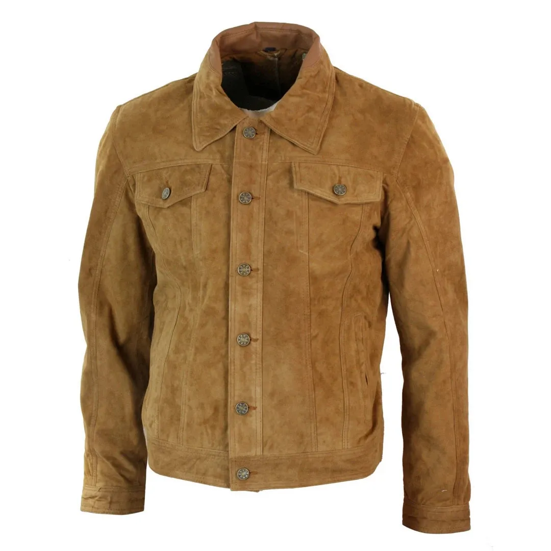 Men's Short Denim Suede Leather Jean Jacket
