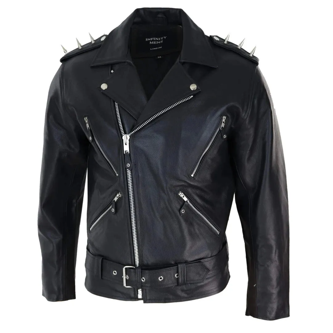 Men's Spike Hide Original Cross Zip Brando Biker Motorcycle Leather Jacket