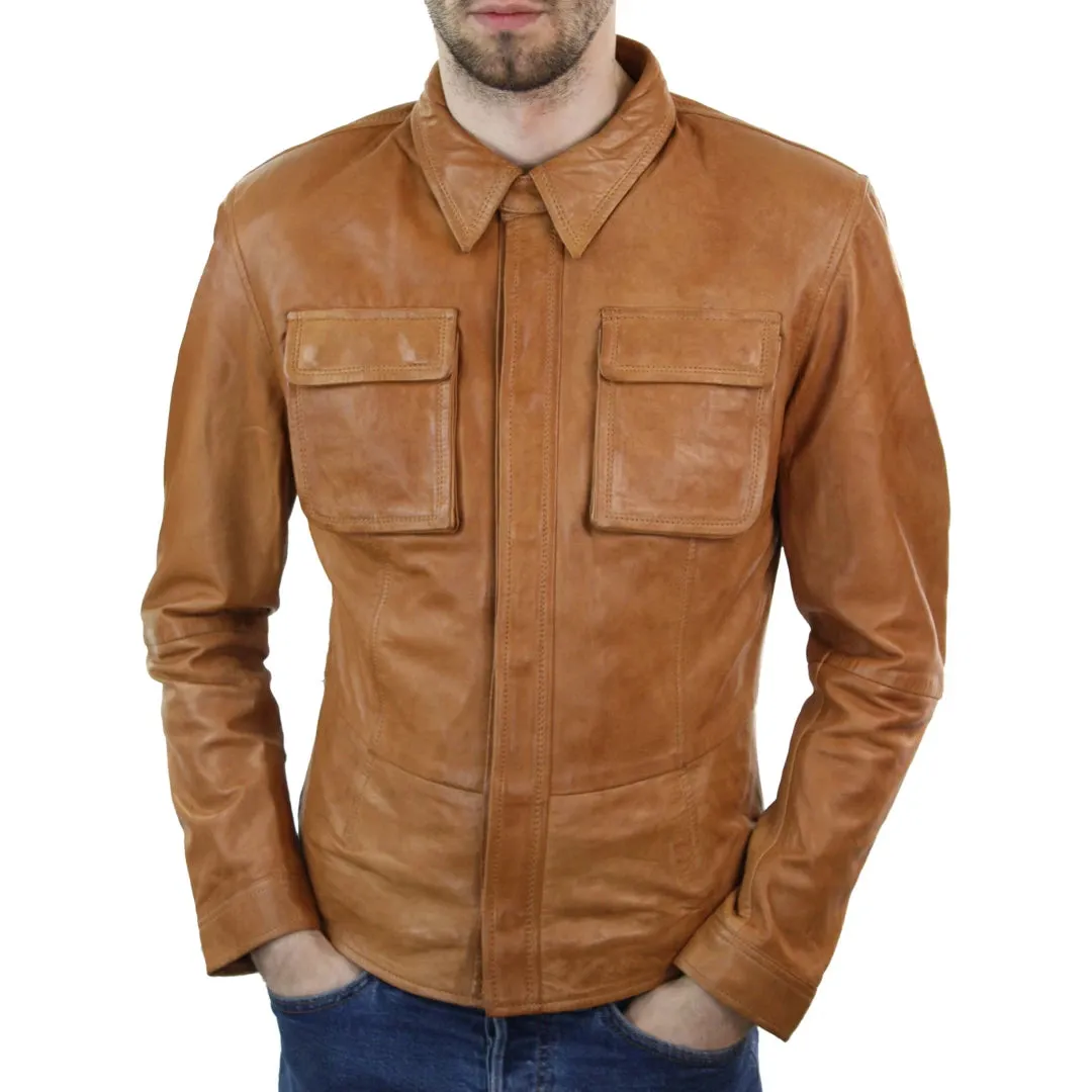 Men's Stud Shirt Leather Jacket Tan Grey Black Skinny