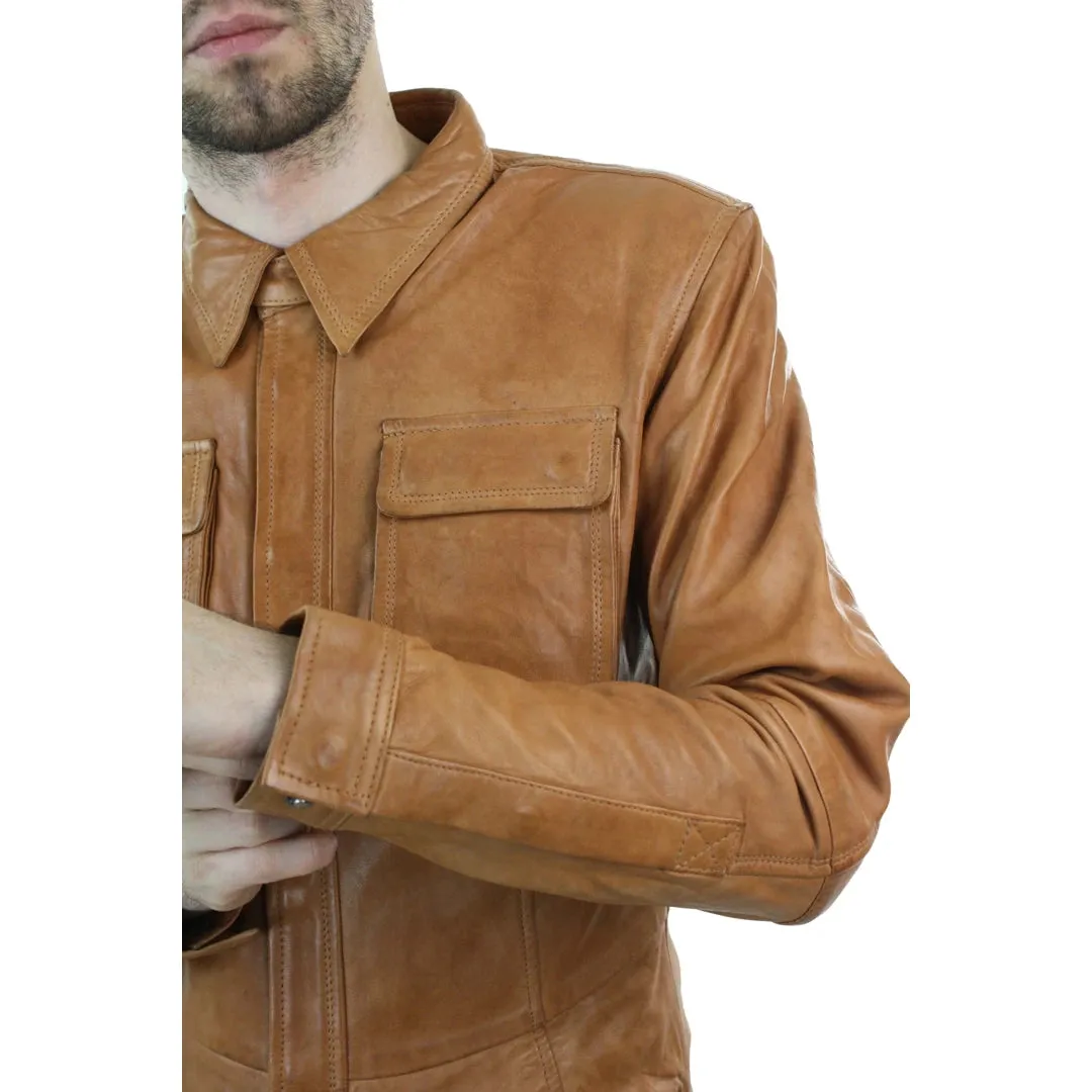 Men's Stud Shirt Leather Jacket Tan Grey Black Skinny