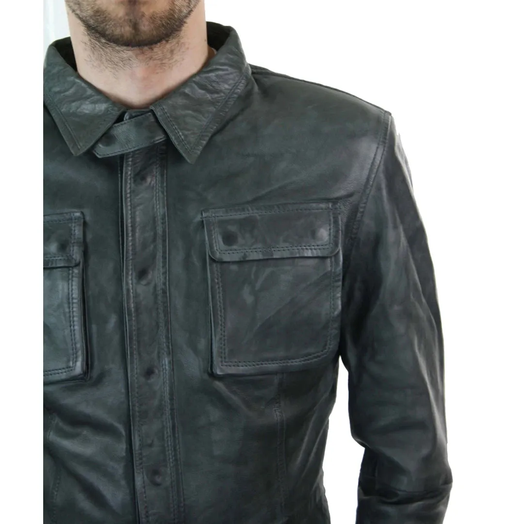 Men's Stud Shirt Leather Jacket Tan Grey Black Skinny