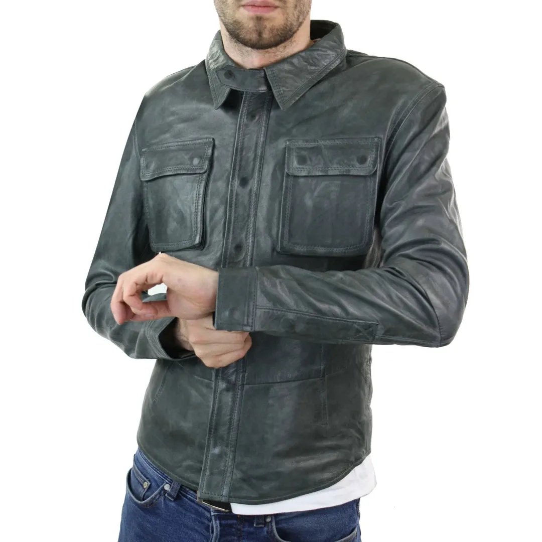 Men's Stud Shirt Leather Jacket Tan Grey Black Skinny