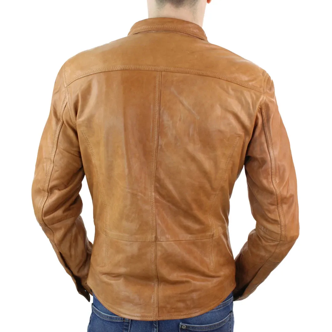 Men's Stud Shirt Leather Jacket Tan Grey Black Skinny
