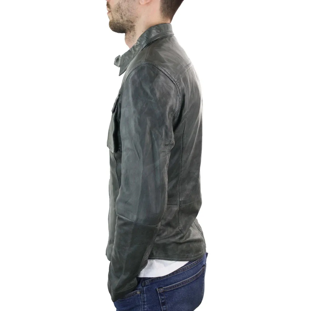 Men's Stud Shirt Leather Jacket Tan Grey Black Skinny