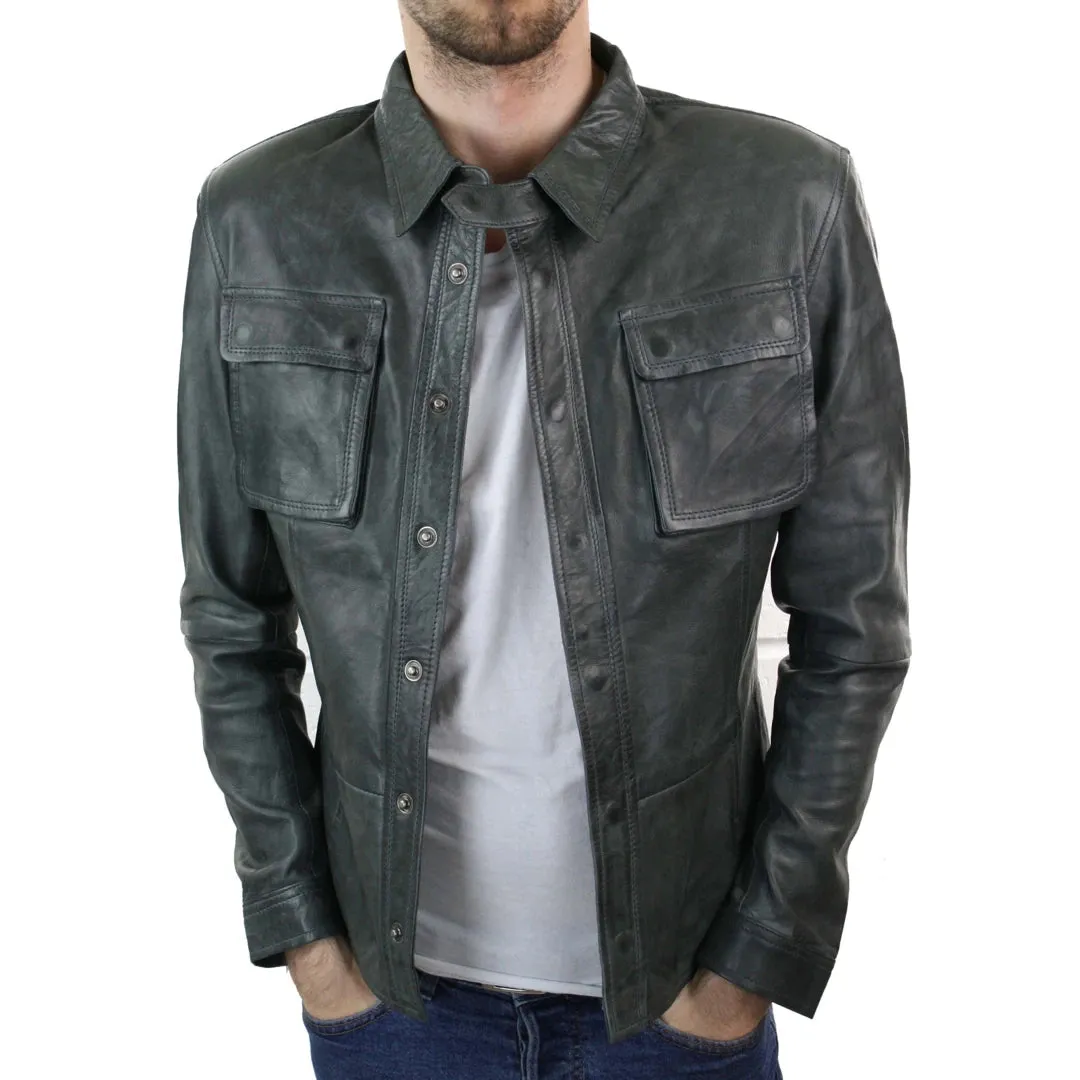 Men's Stud Shirt Leather Jacket Tan Grey Black Skinny