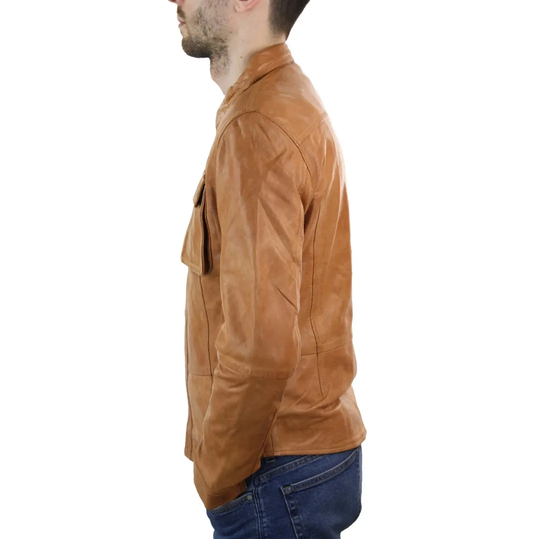 Men's Stud Shirt Leather Jacket Tan Grey Black Skinny