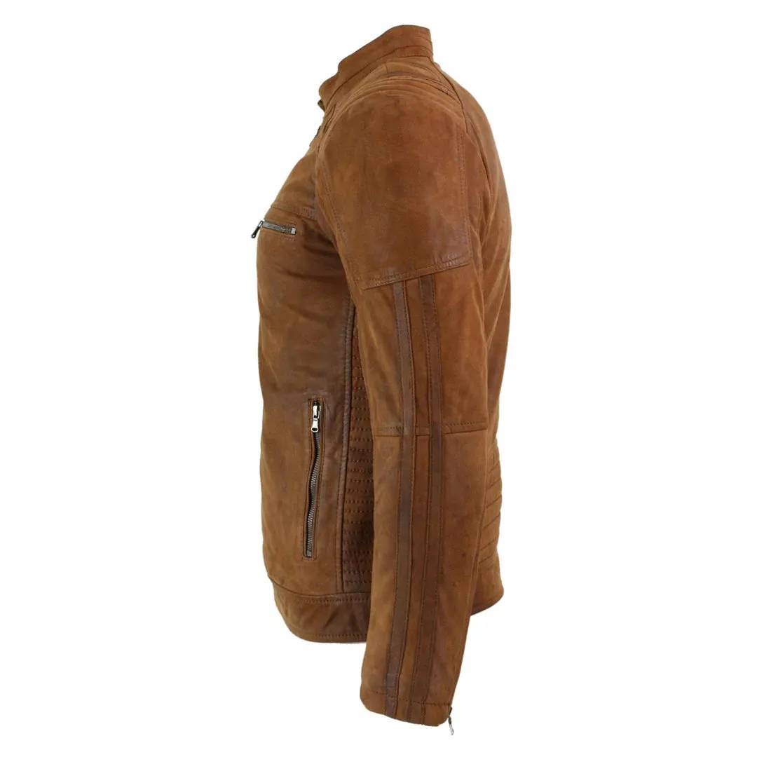Men's Suede Leather Camel Zip Biker Racing Jacket Washed Nehru Collar