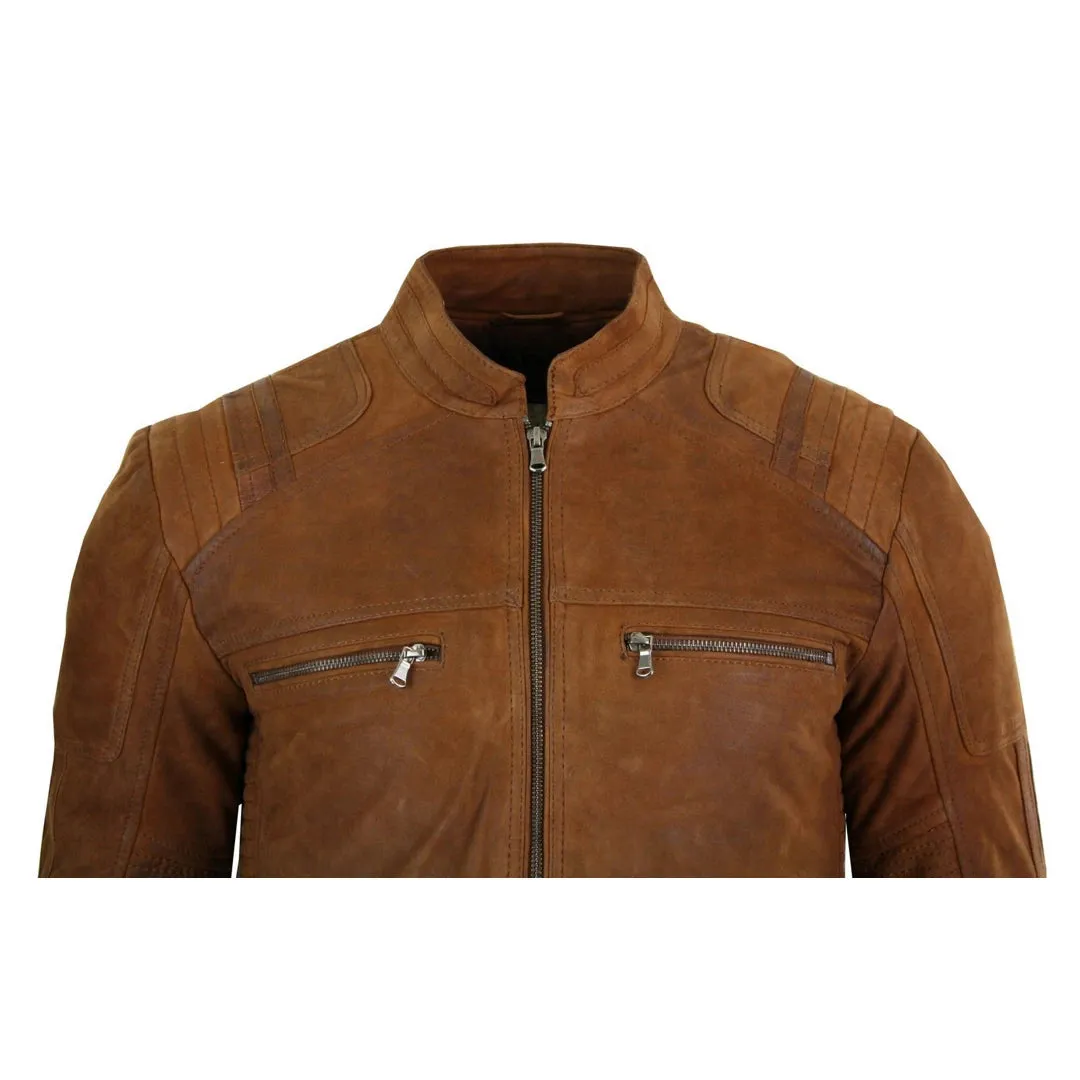 Men's Suede Leather Camel Zip Biker Racing Jacket Washed Nehru Collar