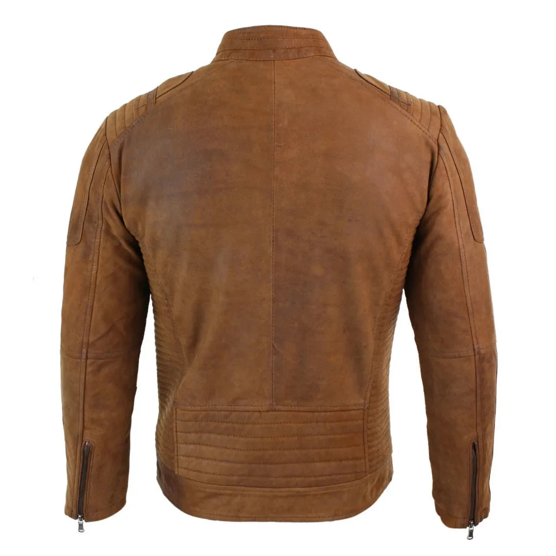 Men's Suede Leather Camel Zip Biker Racing Jacket Washed Nehru Collar