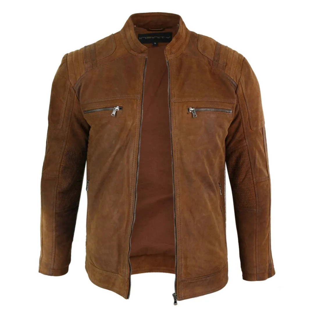 Men's Suede Leather Camel Zip Biker Racing Jacket Washed Nehru Collar