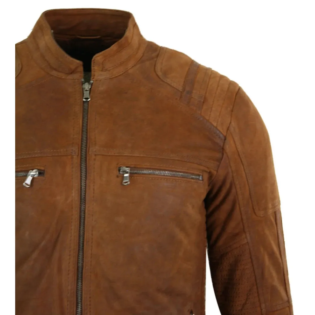 Men's Suede Leather Camel Zip Biker Racing Jacket Washed Nehru Collar