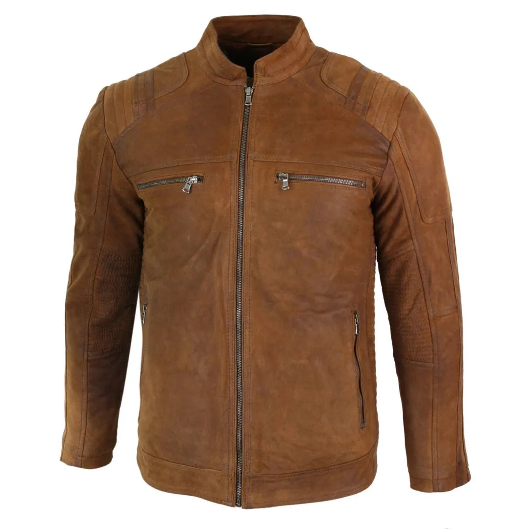 Men's Suede Leather Camel Zip Biker Racing Jacket Washed Nehru Collar
