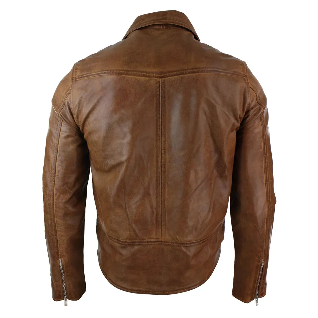Men's Tan Brown Maroon Classic Cross Zip Brando Leather Biker Jacket
