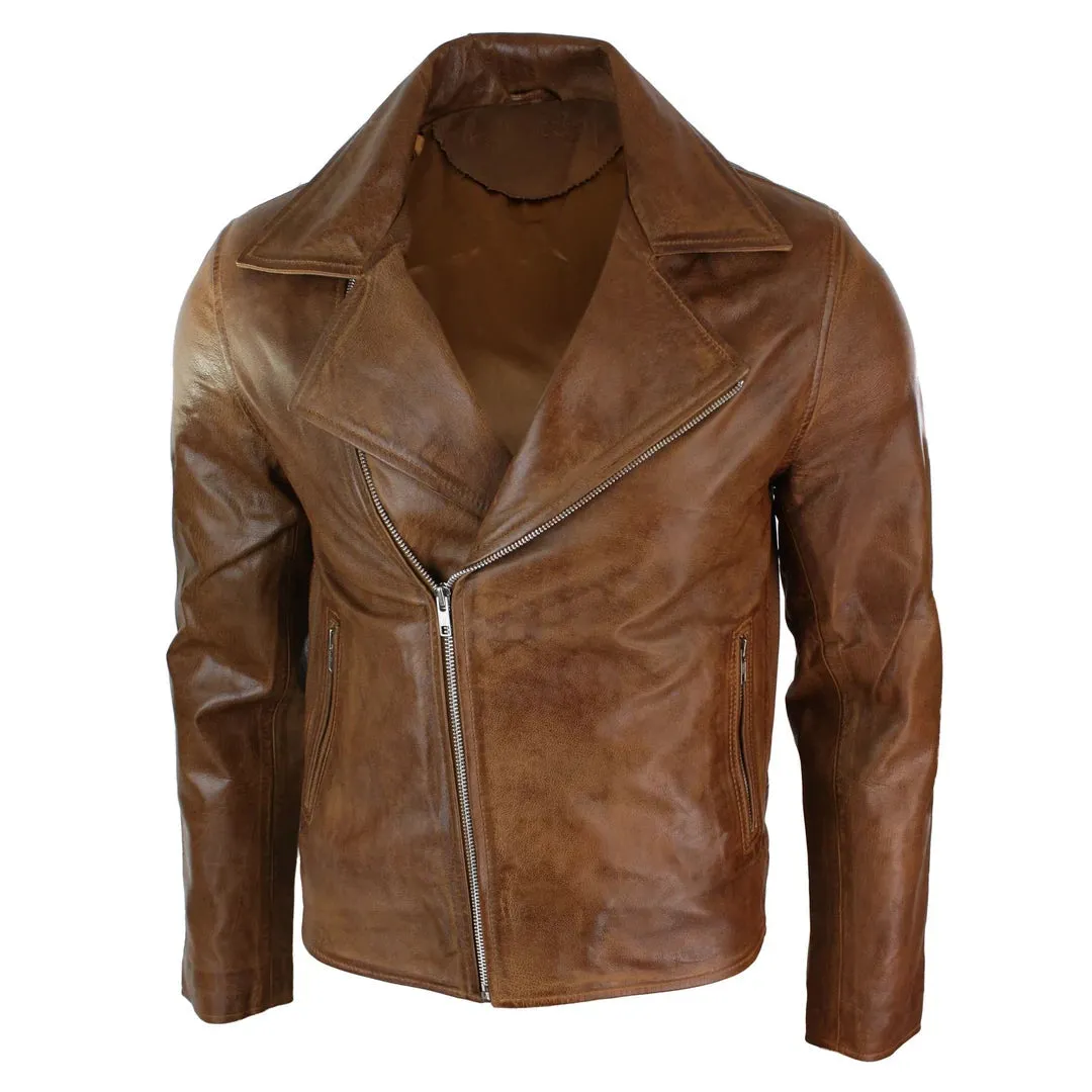 Men's Tan Brown Maroon Classic Cross Zip Brando Leather Biker Jacket