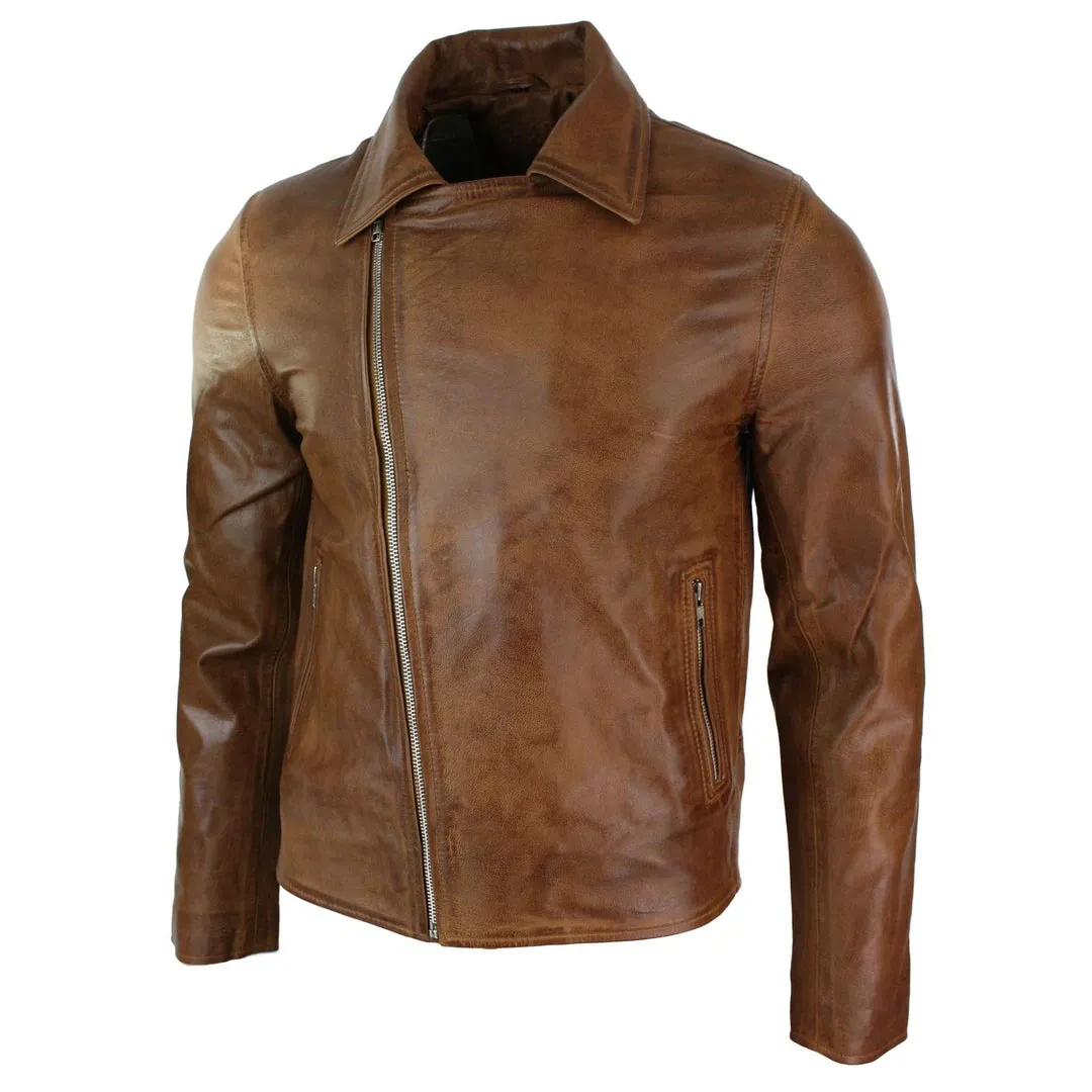 Men's Tan Brown Maroon Classic Cross Zip Brando Leather Biker Jacket