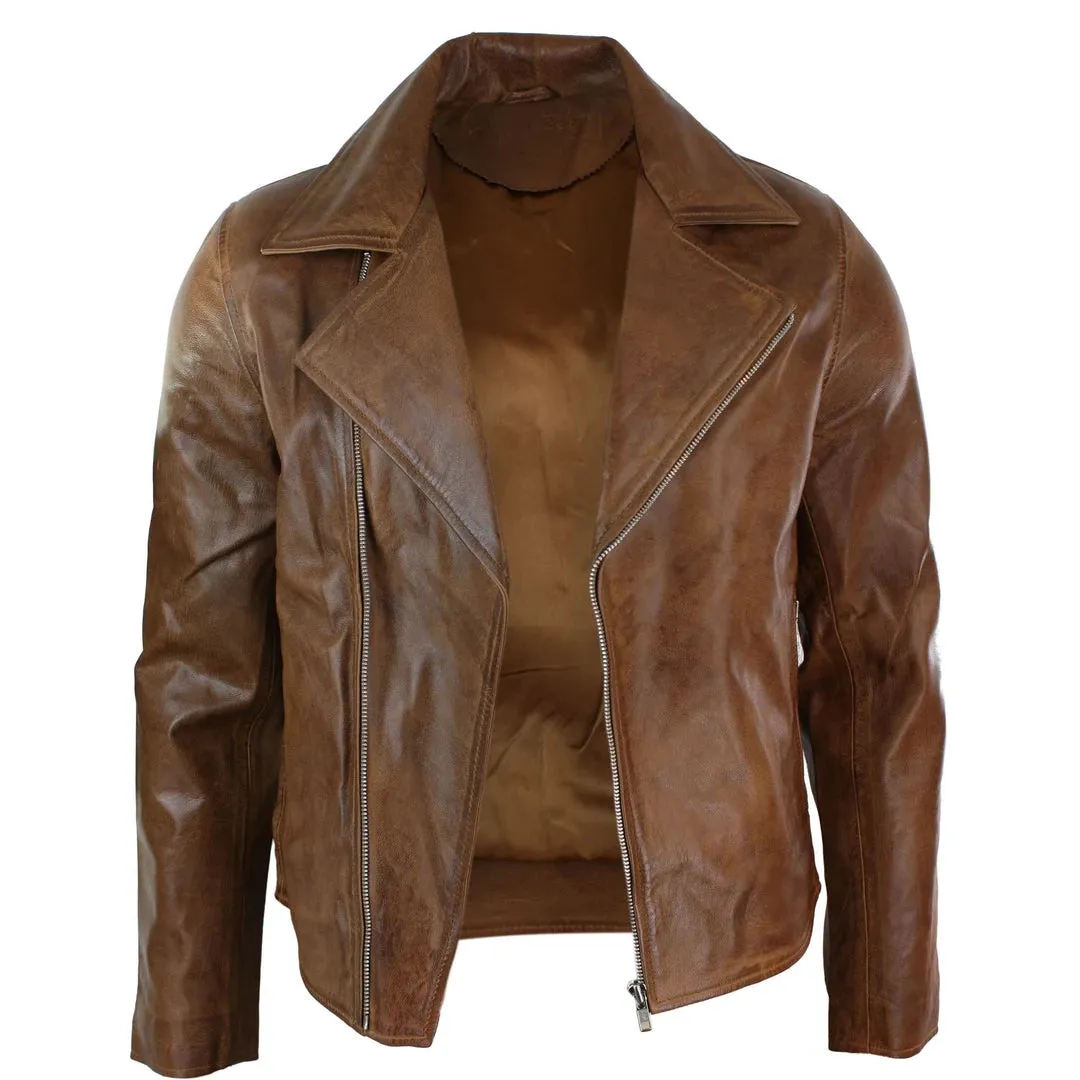 Men's Tan Brown Maroon Classic Cross Zip Brando Leather Biker Jacket