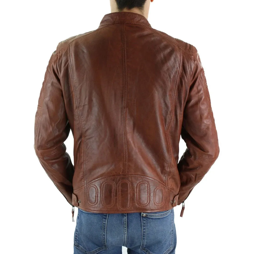 Men's Tan Brown Short Biker Leather Jacket