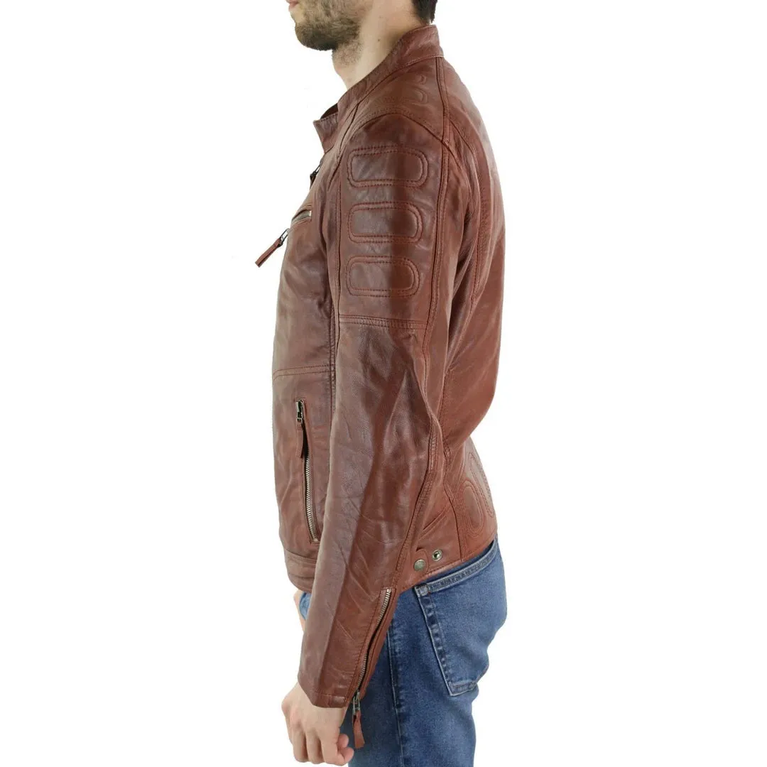Men's Tan Brown Short Biker Leather Jacket