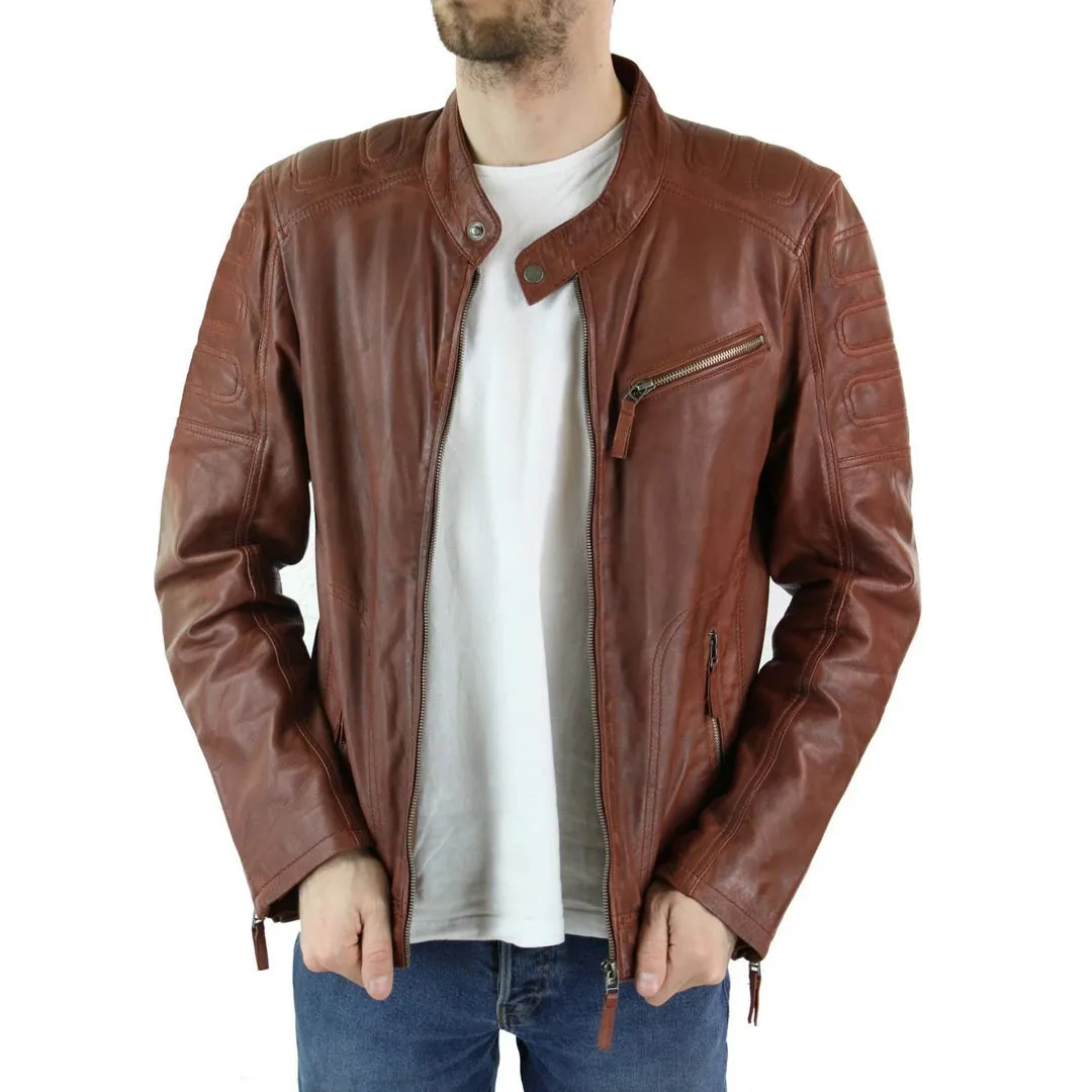 Men's Tan Brown Short Biker Leather Jacket