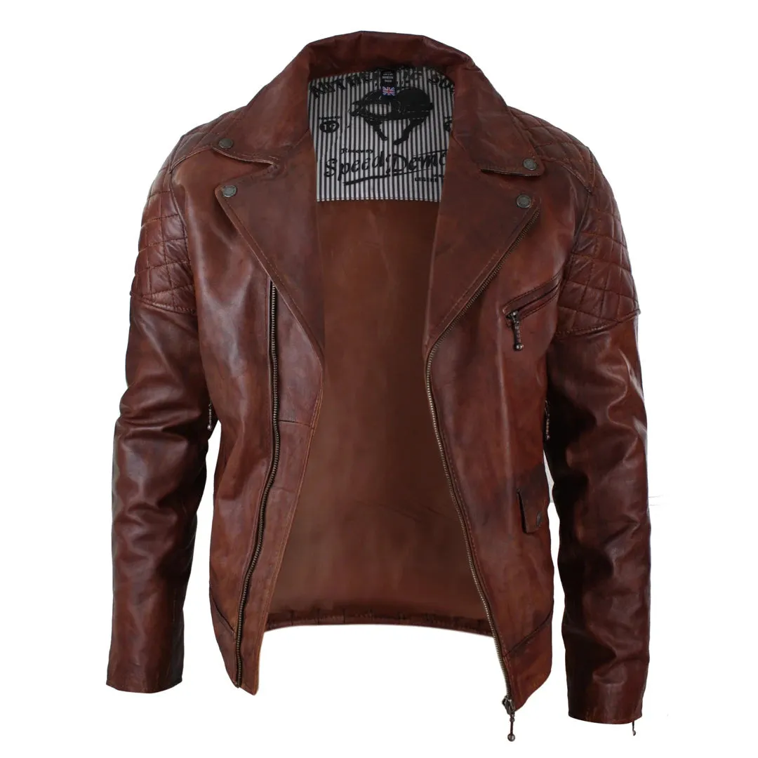 Men's Washed Brown Black Leather Biker Jacket Cross Zip