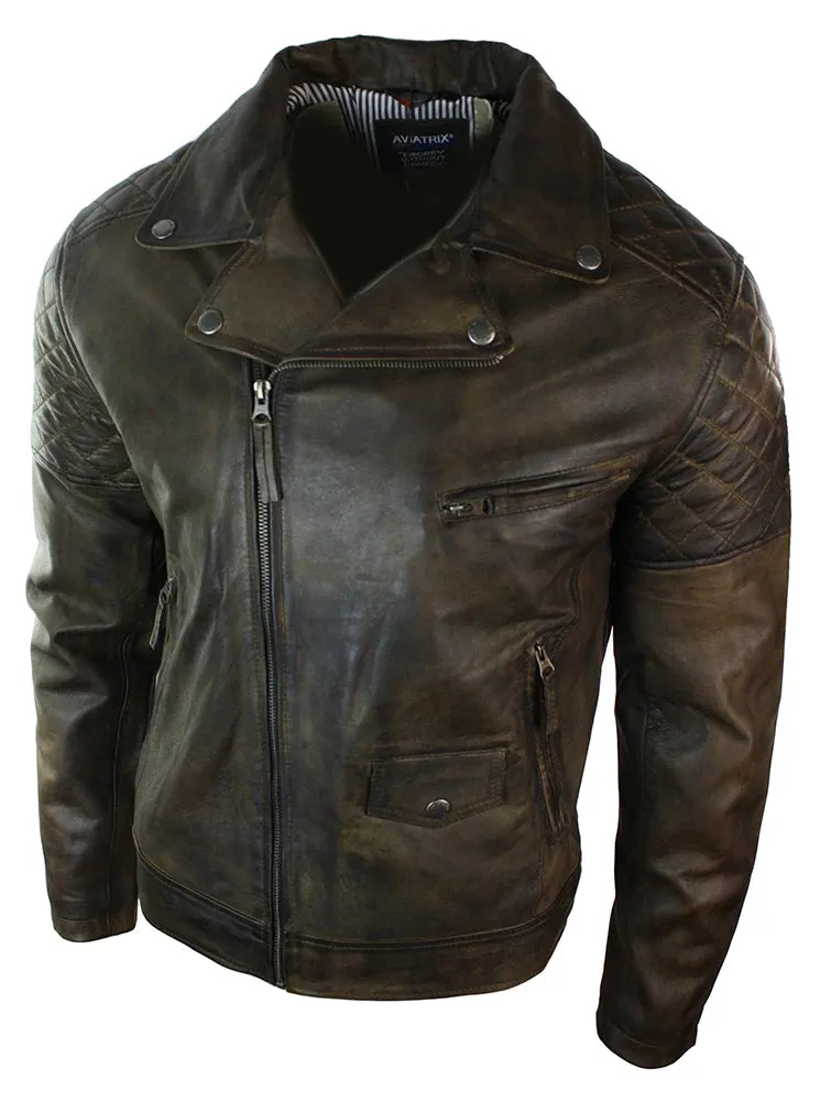 Men's Washed Brown Black Leather Biker Jacket Cross Zip