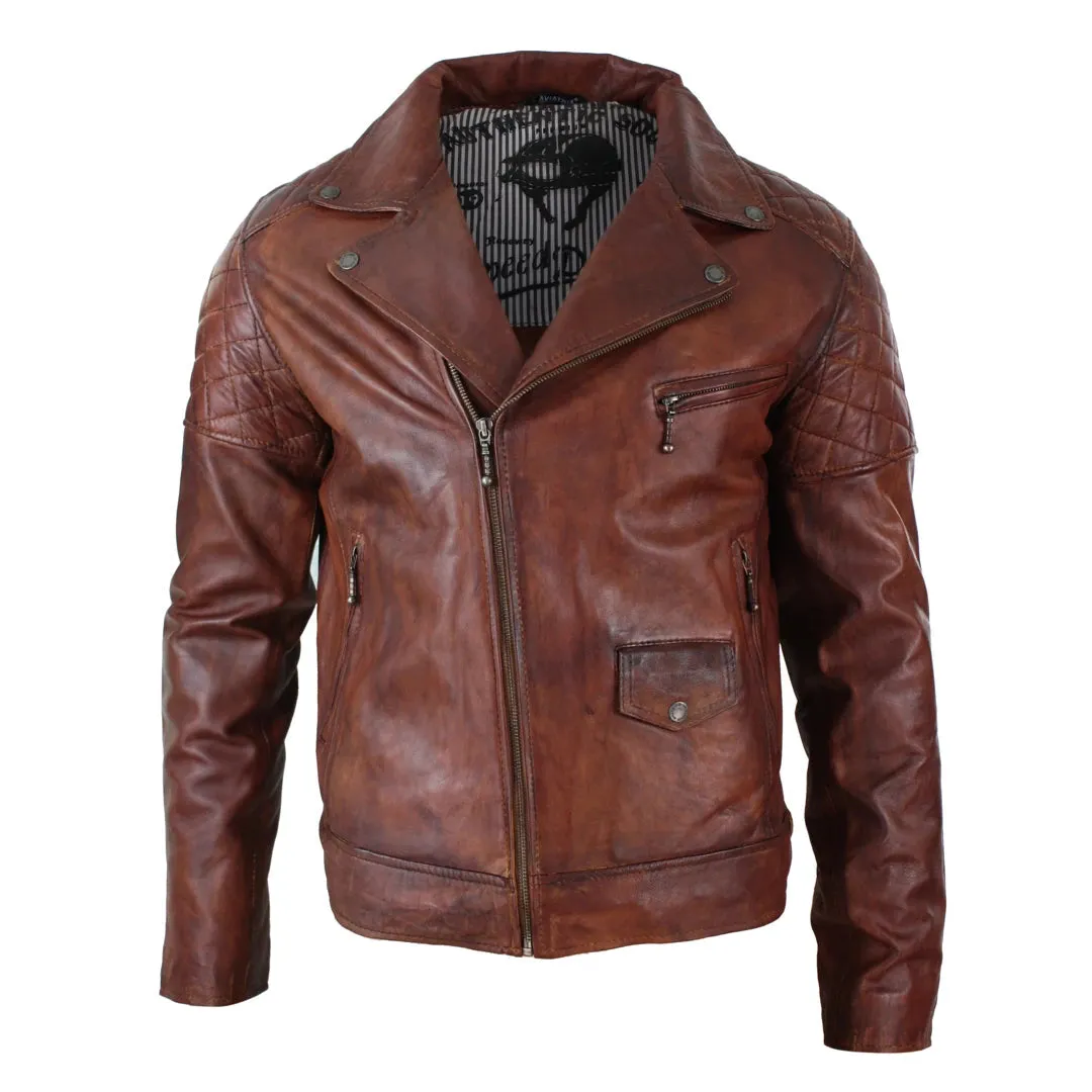 Men's Washed Brown Black Leather Biker Jacket Cross Zip